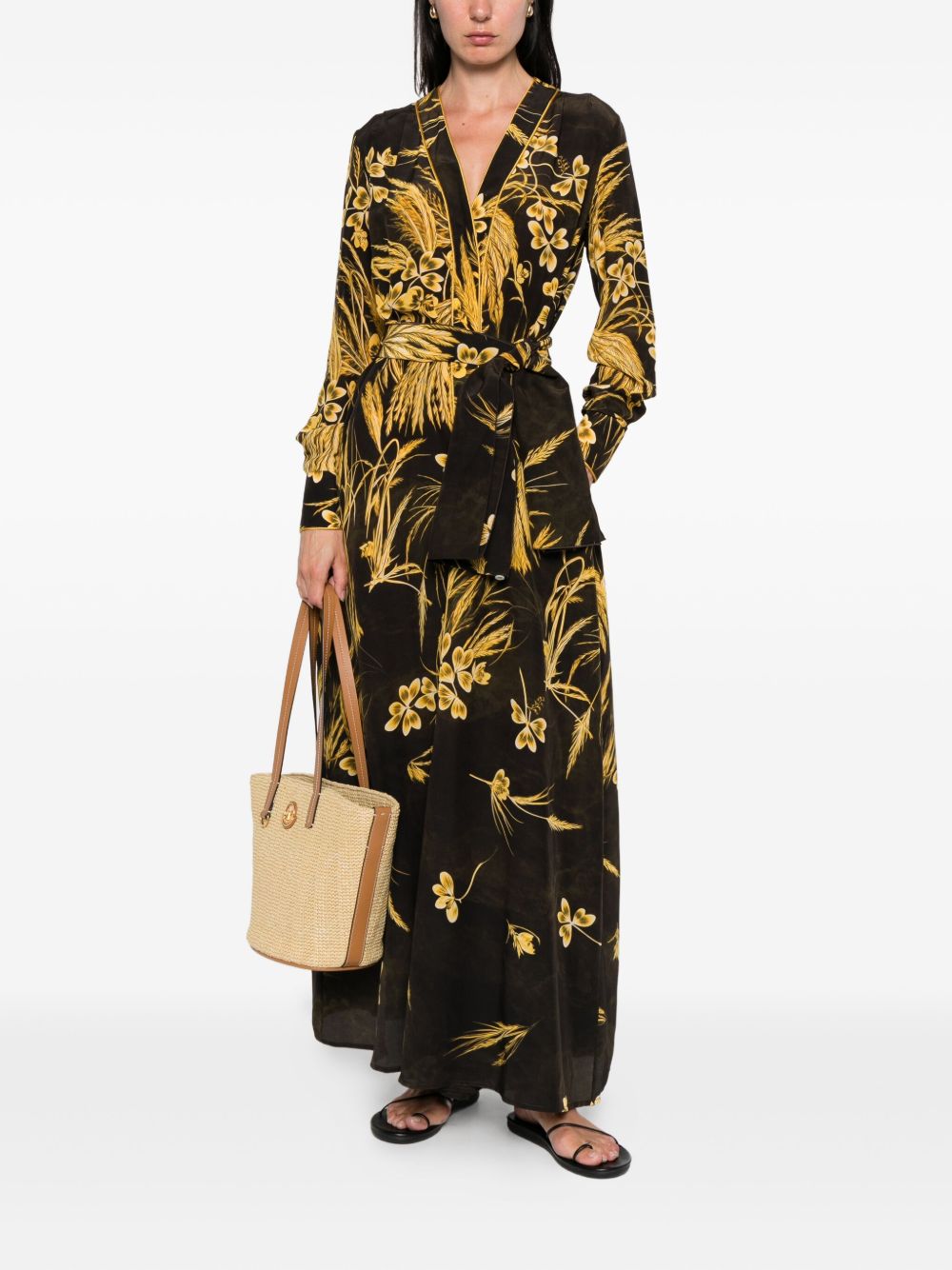 F.R.S . V-neck long sleeves Silk blend printed maxi dress