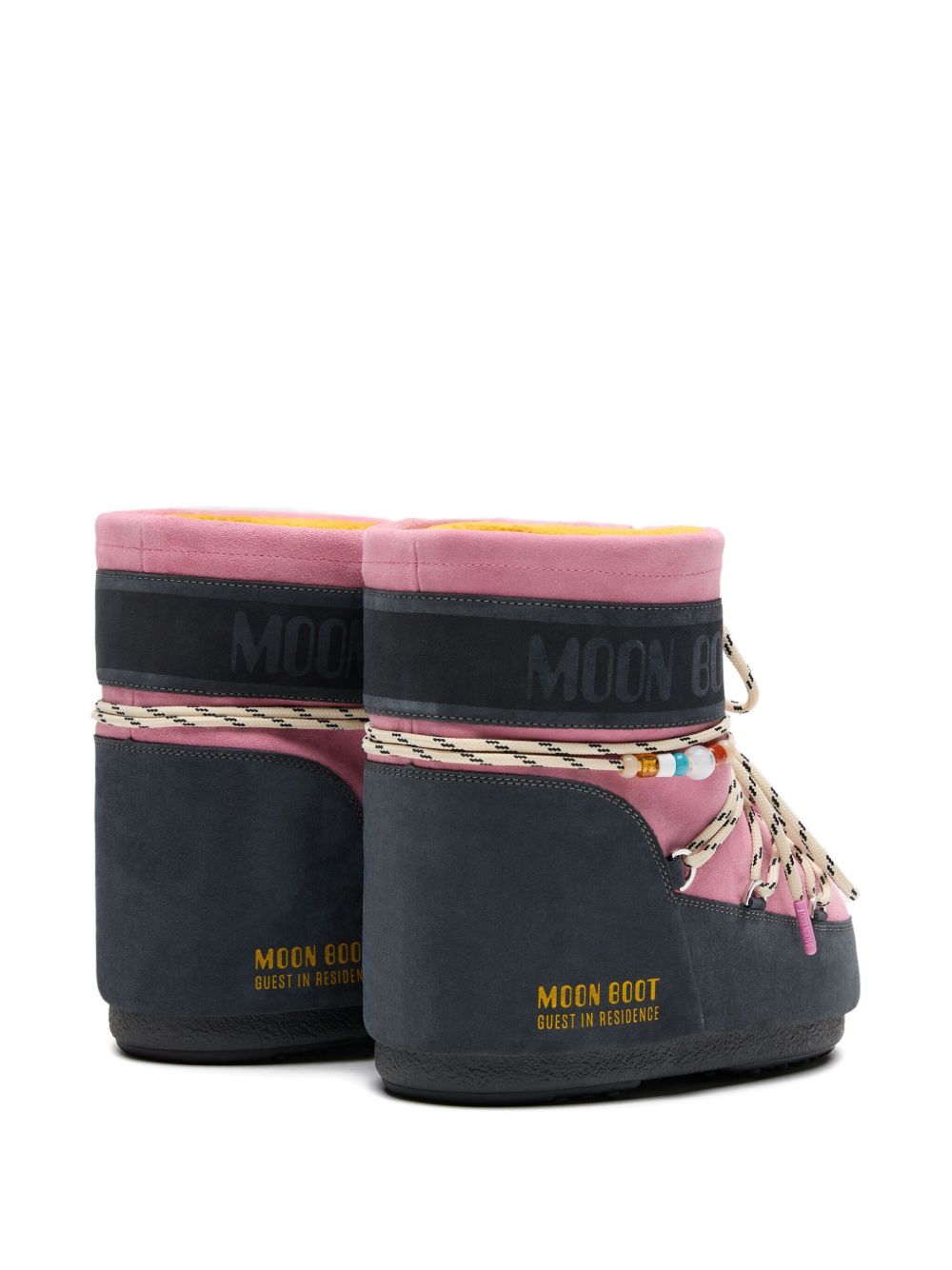 MOON BOOT X GUEST IN RESIDENCE LOW GREY AND PINK SUEDE BEADED ICON BOOT