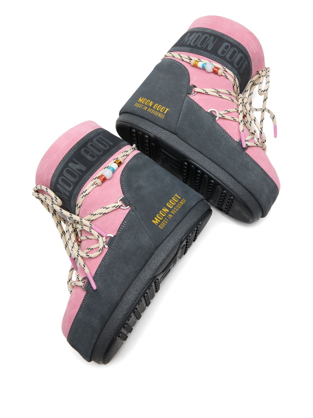MOON BOOT X GUEST IN RESIDENCE LOW GREY AND PINK SUEDE BEADED ICON BOOT
