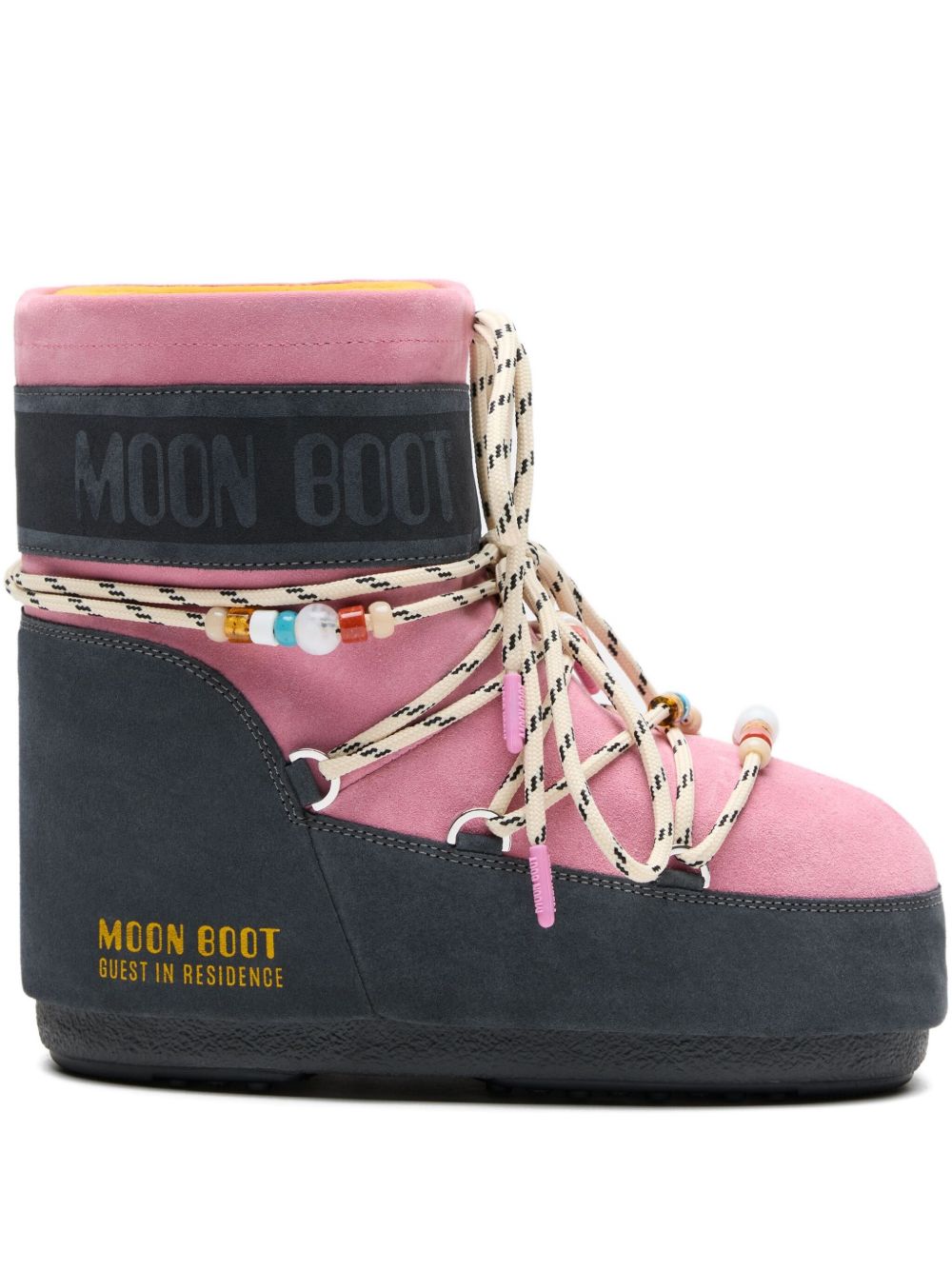 MOON BOOT X GUEST IN RESIDENCE LOW GREY AND PINK SUEDE BEADED ICON BOOT