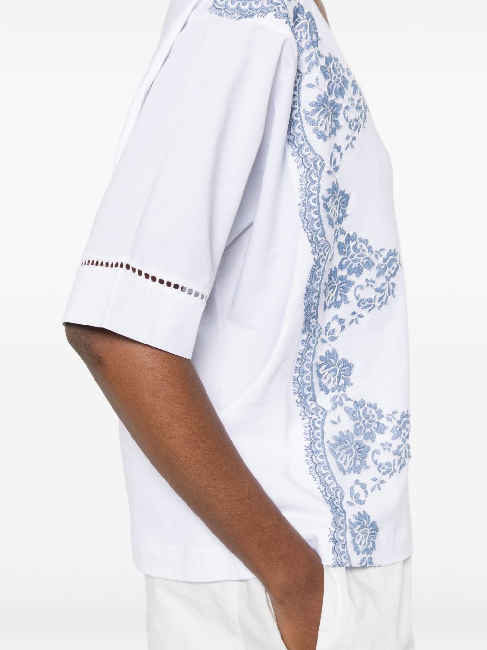 Ermanno Firenze V-neck short sleeves pointelle detailing Embroidered cotton t-shirt