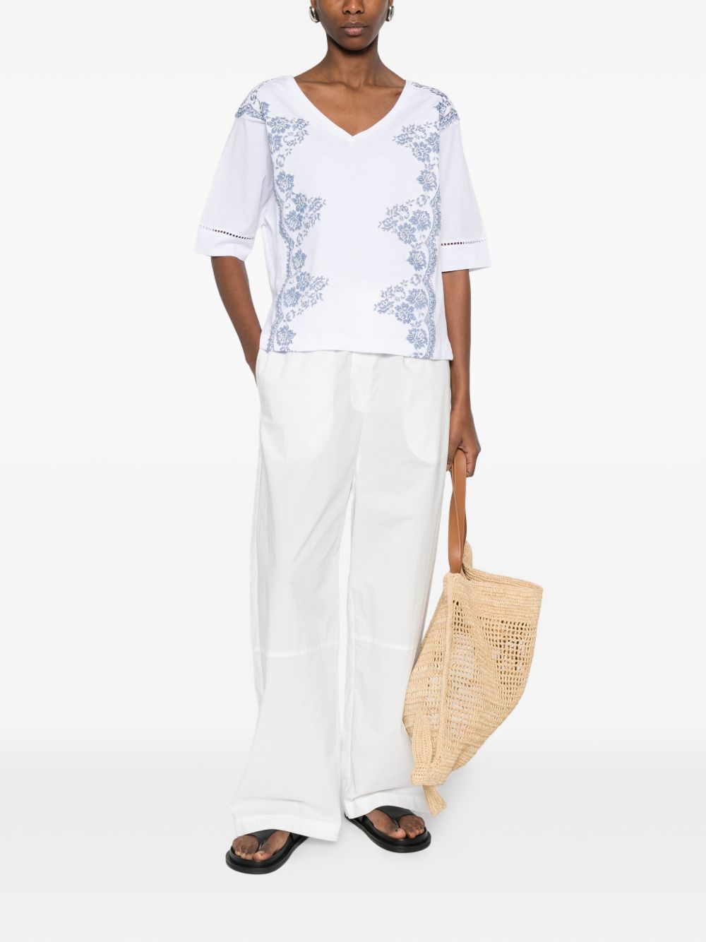 Ermanno Firenze V-neck short sleeves pointelle detailing Embroidered cotton t-shirt
