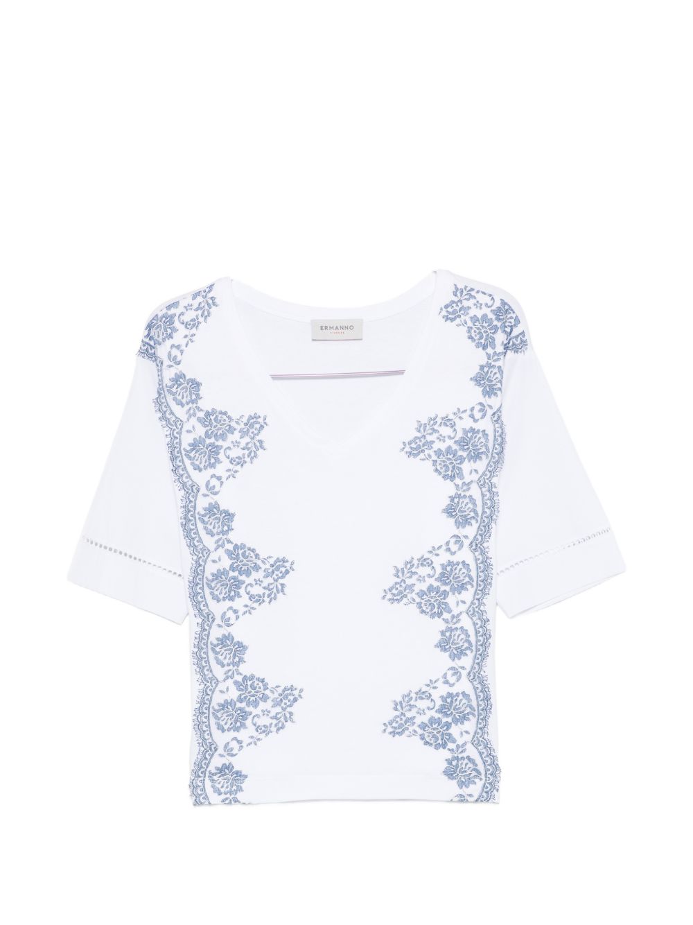 Ermanno Firenze V-neck short sleeves pointelle detailing Embroidered cotton t-shirt