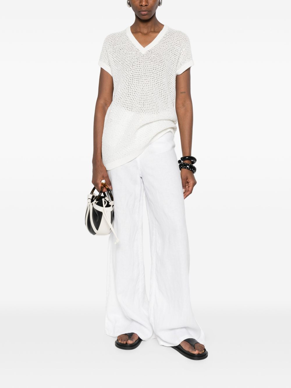 Fabiana Filippi V-neck short sleeves sequin embellishments Openwork top