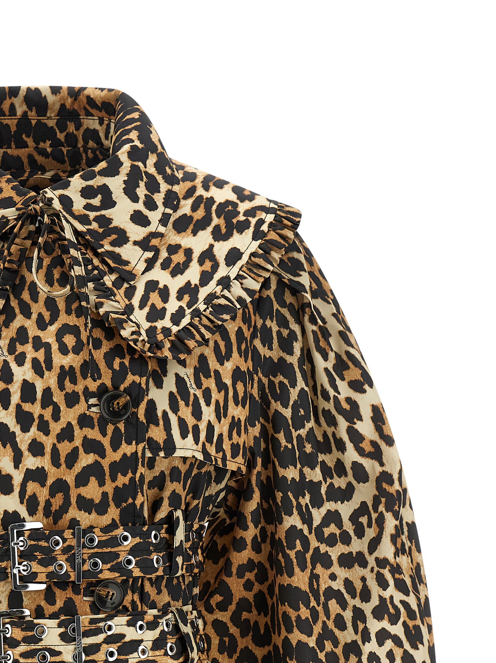 Ganni Leopard Duchesse Nylon Short Trench Coat