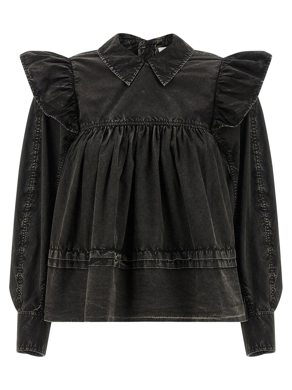 Ganni Black Washed Frill Blouse