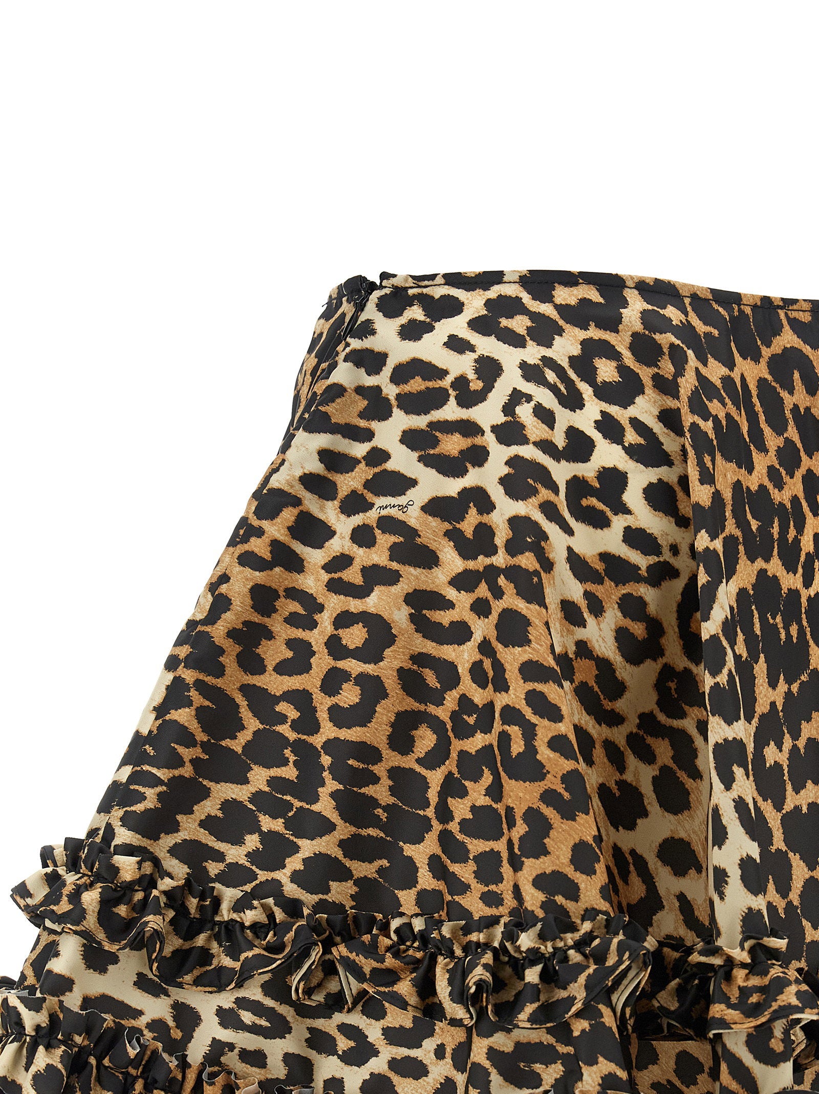 Ganni Leopard Duchesse Nylon Mini Frill Skirt