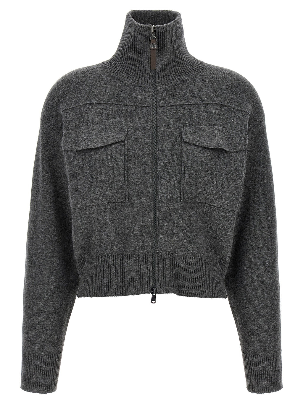 Brunello Cucinelli Shiny Zipper Pull Wool Cardigan