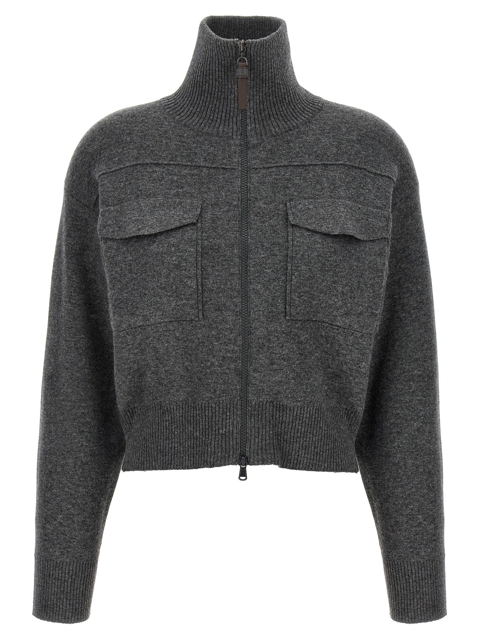 Brunello Cucinelli Shiny Zipper Pull Wool Cardigan
