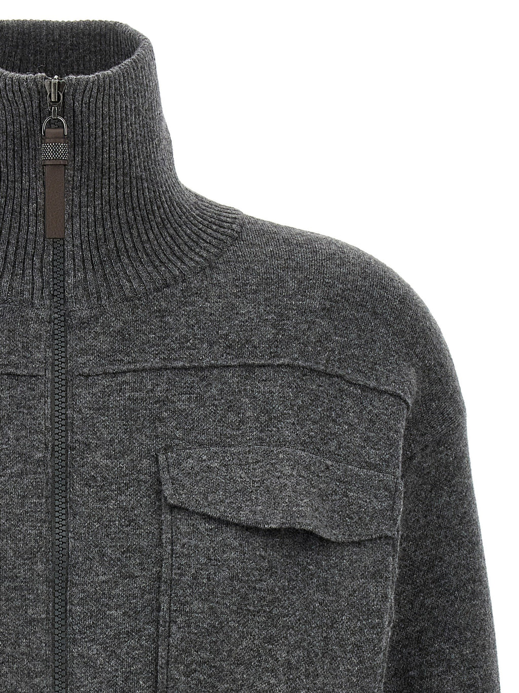 Brunello Cucinelli Shiny Zipper Pull Wool Cardigan