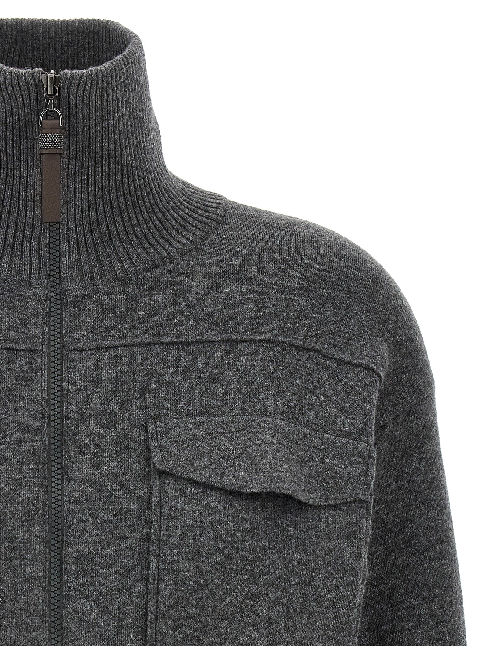 Brunello Cucinelli Shiny Zipper Pull Wool Cardigan