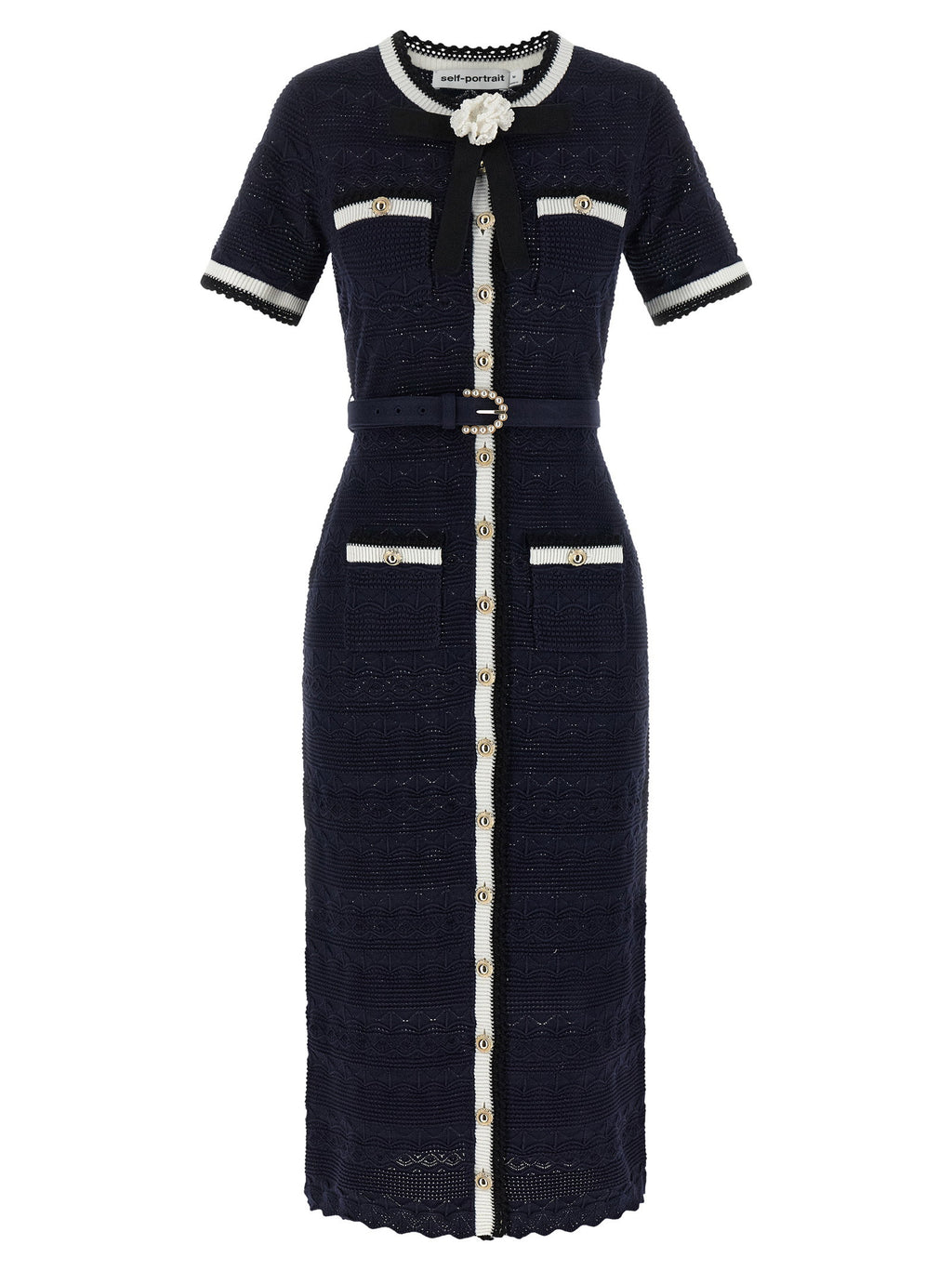 Self-Portrait Navy Pointelle Knit Midi Dress