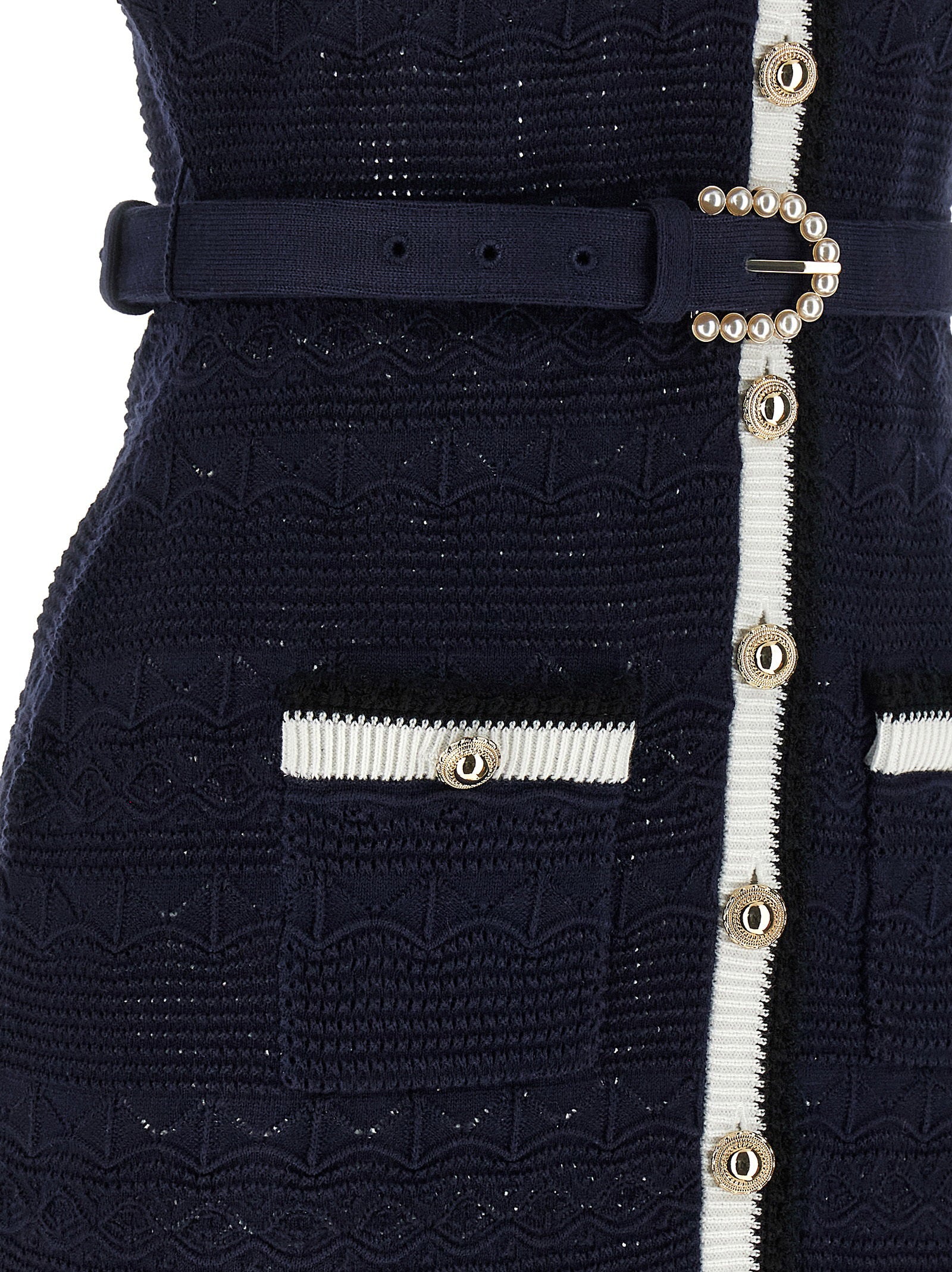 Self-Portrait Navy Pointelle Knit Midi Dress