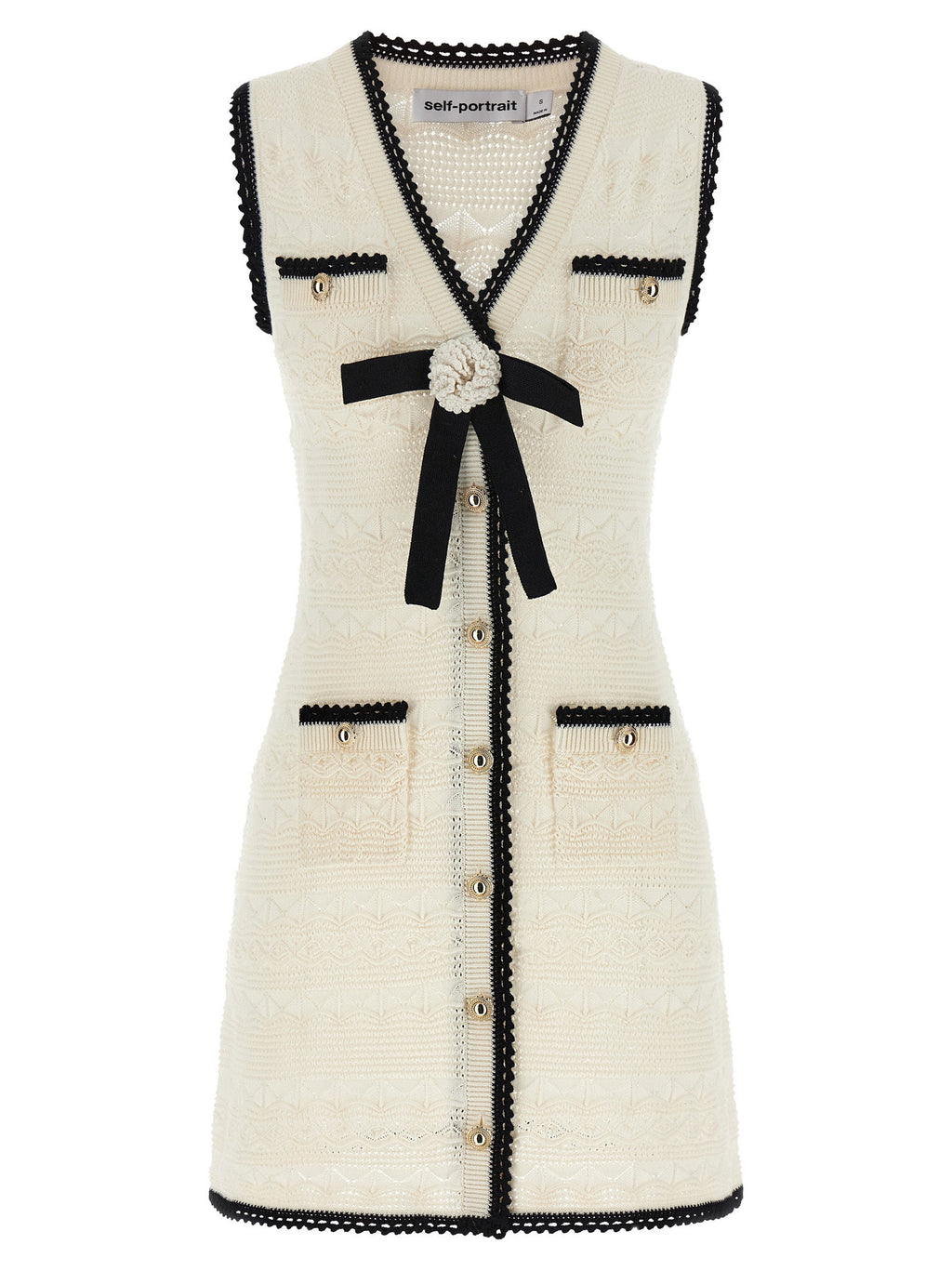Self-Portrait White Pointelle Knit Mini Dress