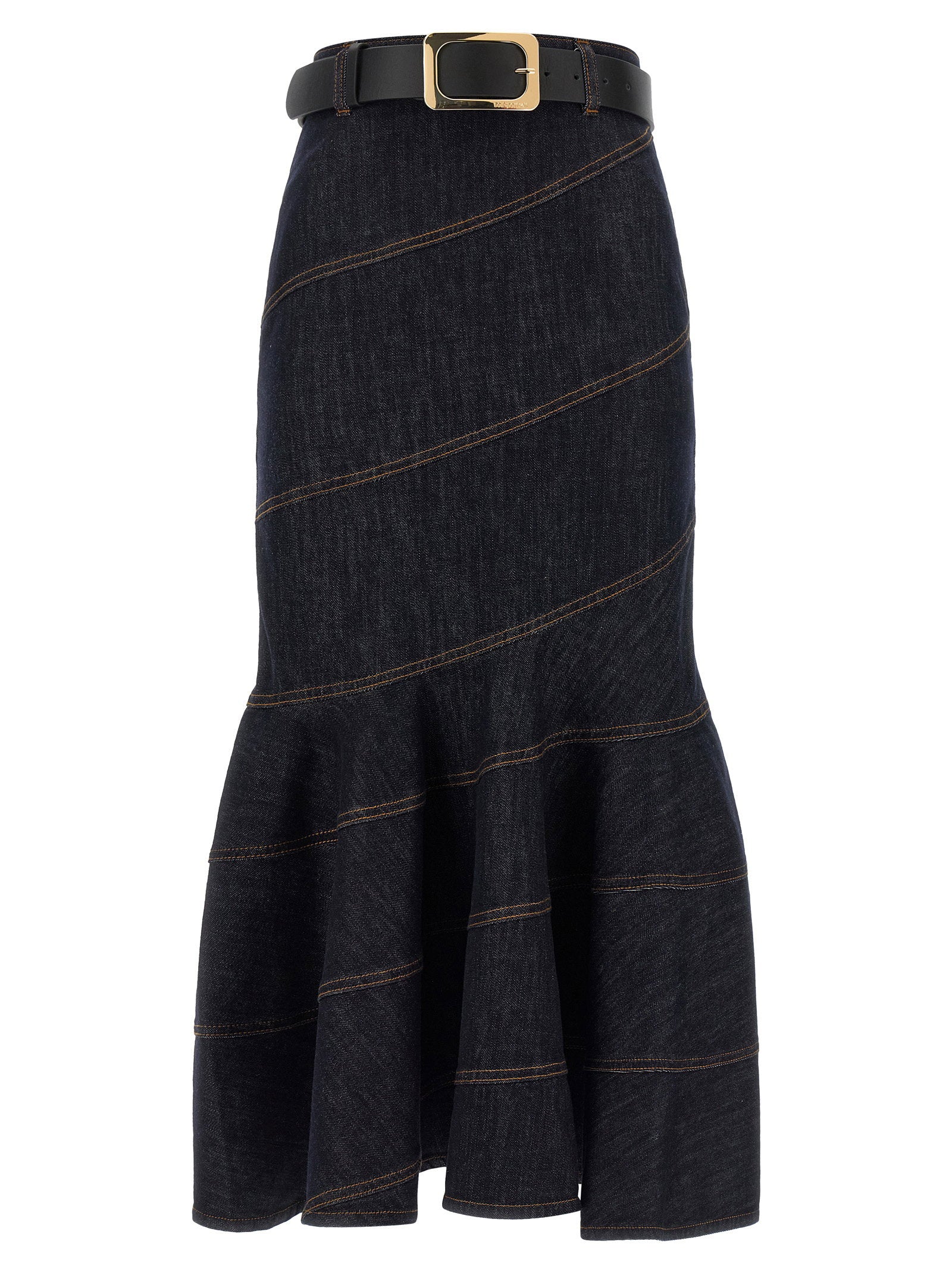 Self-Portrait Indigo Denim Belted Midi Skirt