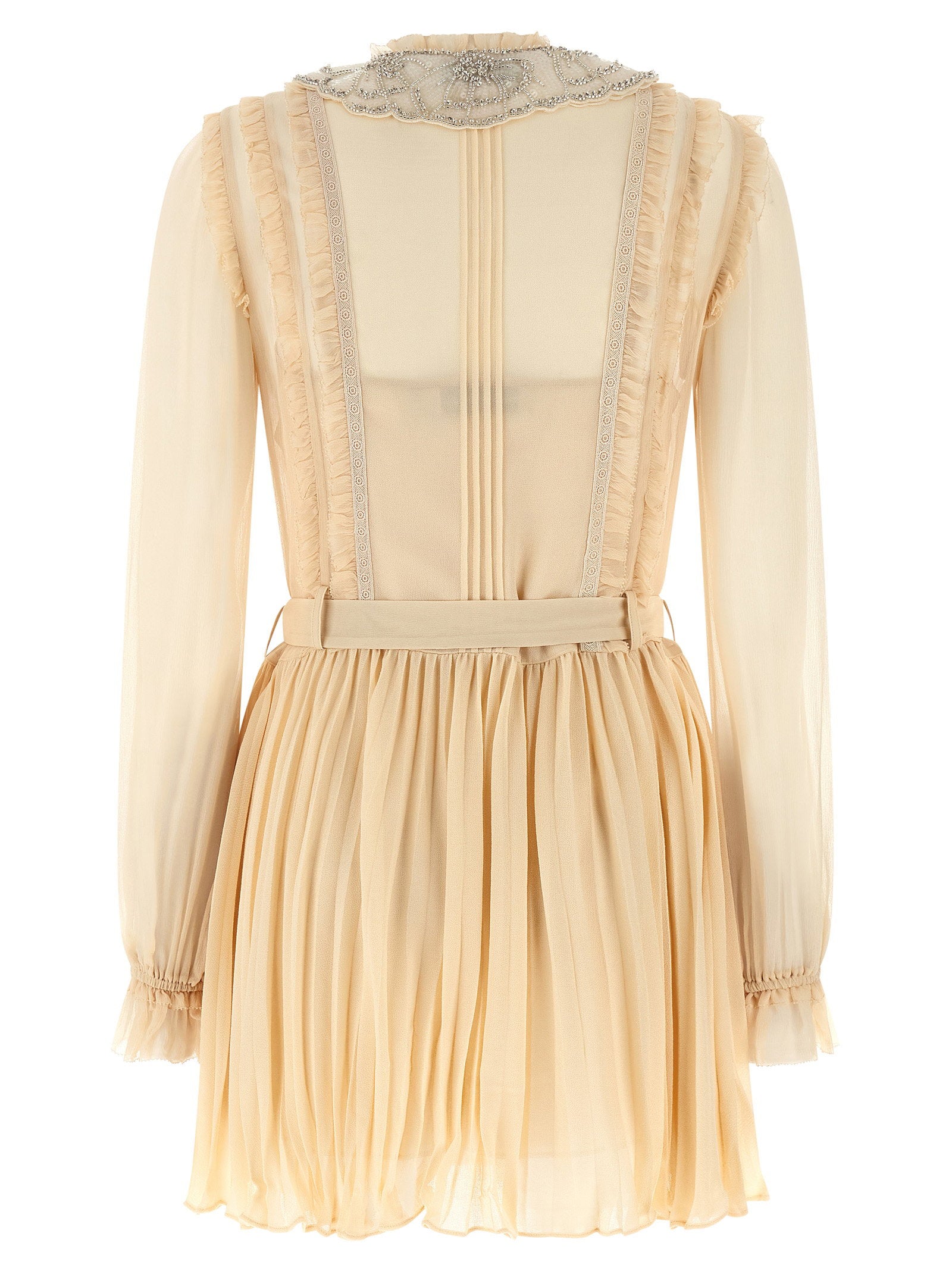 Self-Portrait Tan Pleated Georgette Mini Dress